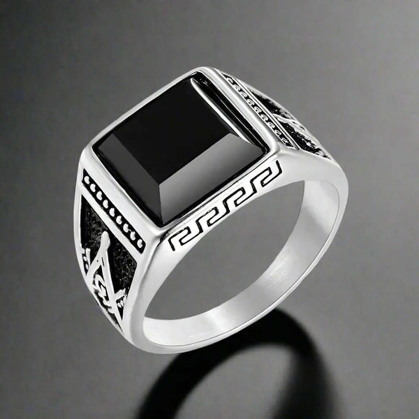 CUBIC ZIRCONIA - Ring for Men (Steel Colour) , Luxury Thick Solid Titanium Steel Ring Steel with Oval/Square Gemstone  (Size: 17,20,26)