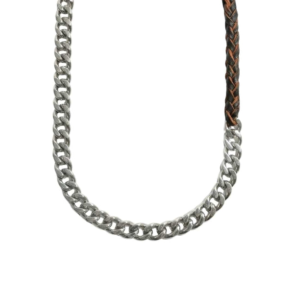 CURBLINK BRAID - Pure Titanium Steel Chain with Brown and Black Beaded Rope Necklace for Men and Boys - 17inch
