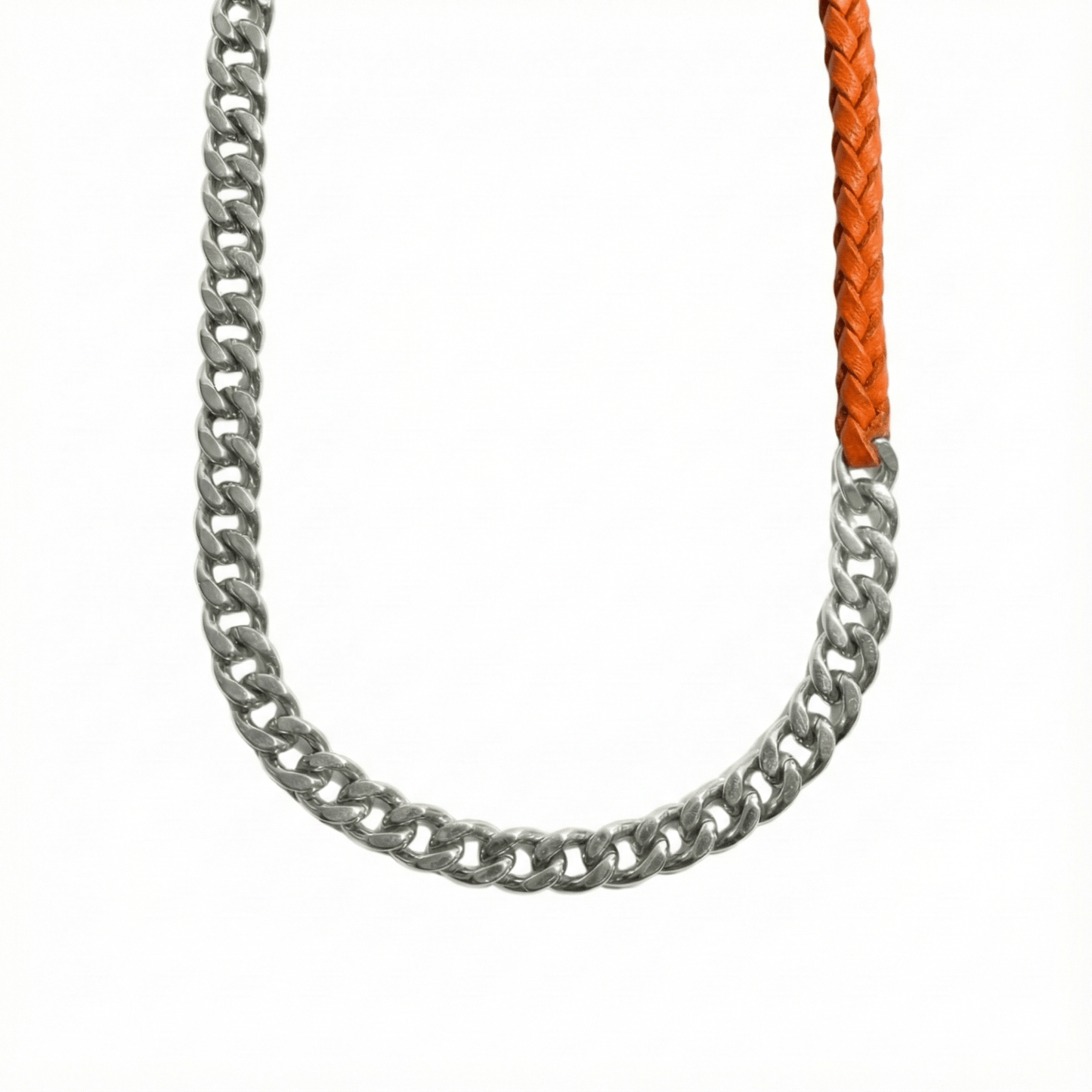 CURBLINK BRAID - Pure Titanium Steel Chain with Orange-Brown Beaded Rope Necklace for Men and Boys - 17inch - THE MEN THING