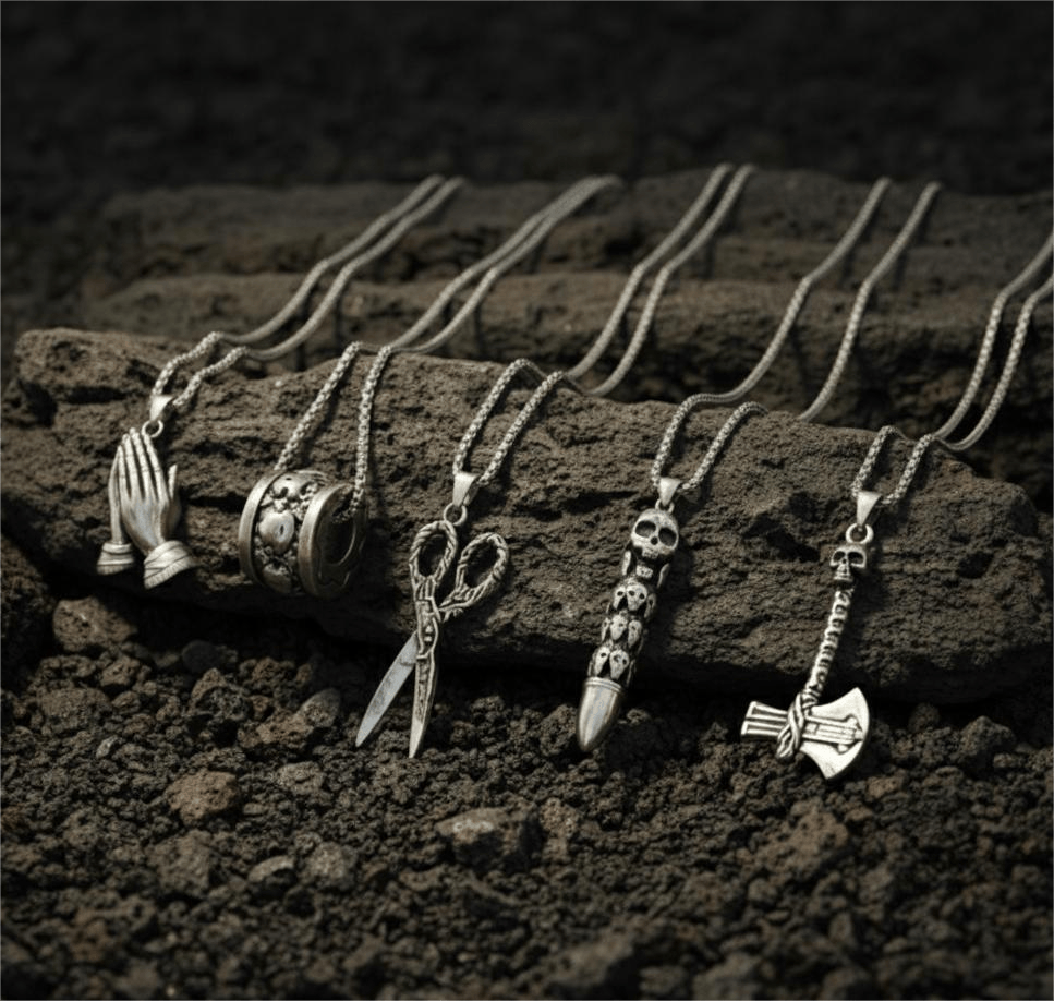 CURSED CHRONICLES High Contrast 5-Piece Men’s Pendant Set – BULLET OF DOOM, SCISSORS FLAME, CURVED AXE, MANTRA ROUND, & APPLAUD Necklaces on 24 Inch Stainless Steel Chain for Mens and Boys - THE MEN THING