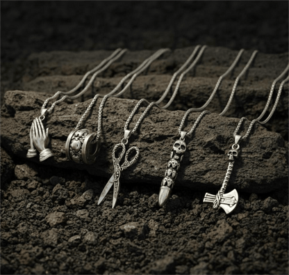 CURSED CHRONICLES High Contrast 5-Piece Men’s Pendant Set – BULLET OF DOOM, SCISSORS FLAME, CURVED AXE, MANTRA ROUND, & APPLAUD Necklaces on 24 Inch Stainless Steel Chain for Mens and Boys - THE MEN THING