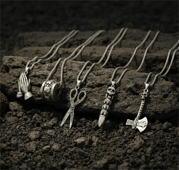 CURSED CHRONICLES High Contrast 5-Piece Men’s Pendant Set – BULLET OF DOOM, SCISSORS FLAME, CURVED AXE, MANTRA ROUND, & APPLAUD Necklaces on 24 Inch Stainless Steel Chain for Mens and Boys