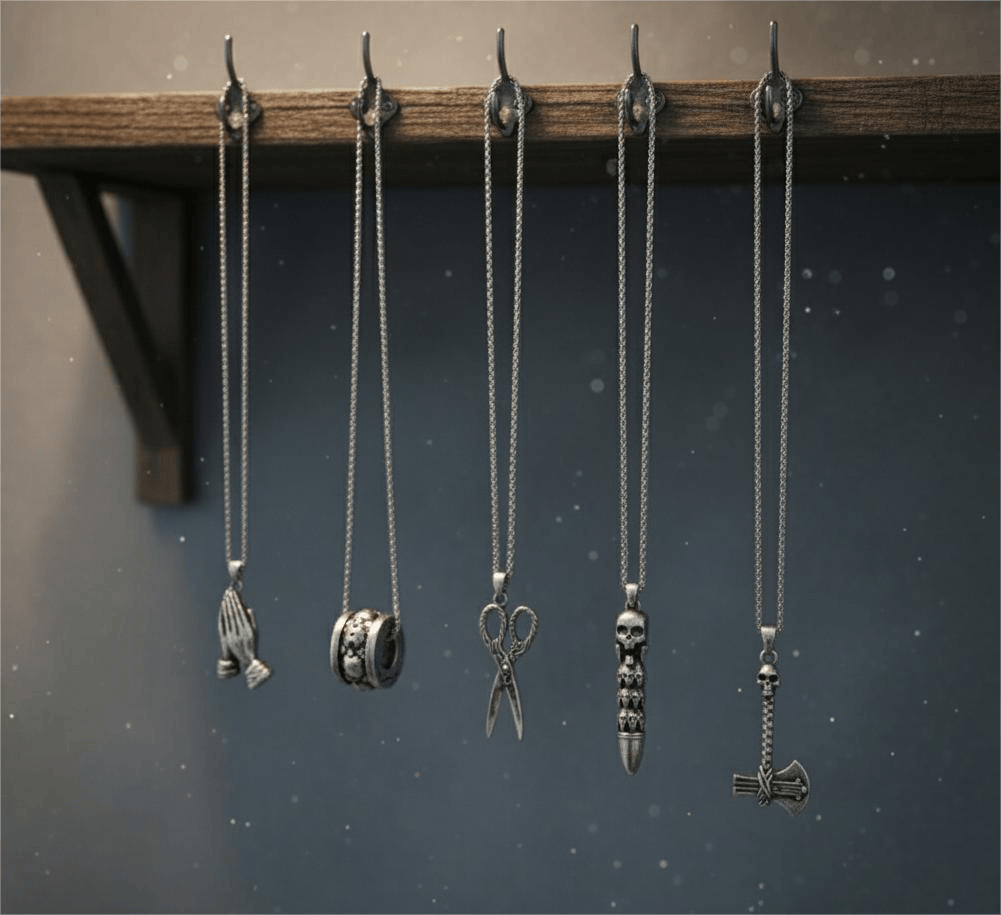 CURSED CHRONICLES High Contrast 5-Piece Men’s Pendant Set – BULLET OF DOOM, SCISSORS FLAME, CURVED AXE, MANTRA ROUND, & APPLAUD Necklaces on 24 Inch Stainless Steel Chain for Mens and Boys - THE MEN THING