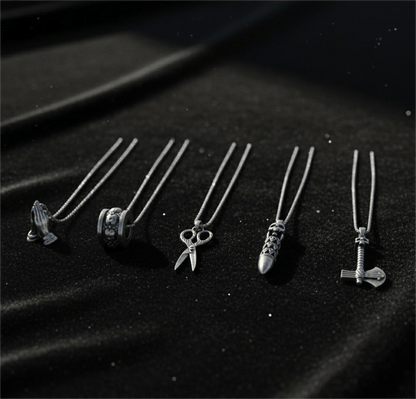 CURSED CHRONICLES High Contrast 5-Piece Men’s Pendant Set – BULLET OF DOOM, SCISSORS FLAME, CURVED AXE, MANTRA ROUND, & APPLAUD Necklaces on 24 Inch Stainless Steel Chain for Mens and Boys - THE MEN THING