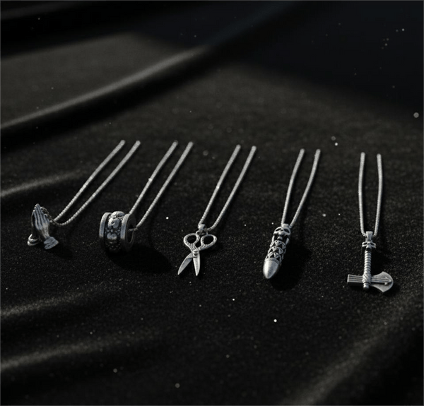 CURSED CHRONICLES High Contrast 5-Piece Men’s Pendant Set – BULLET OF DOOM, SCISSORS FLAME, CURVED AXE, MANTRA ROUND, & APPLAUD Necklaces on 24 Inch Stainless Steel Chain for Mens and Boys