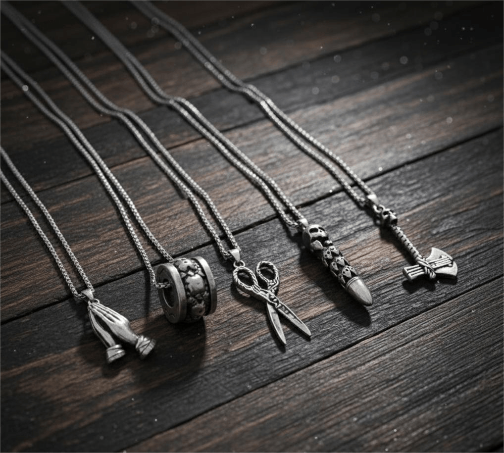 CURSED CHRONICLES High Contrast 5-Piece Men’s Pendant Set – BULLET OF DOOM, SCISSORS FLAME, CURVED AXE, MANTRA ROUND, & APPLAUD Necklaces on 24 Inch Stainless Steel Chain for Mens and Boys - THE MEN THING