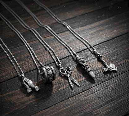 CURSED CHRONICLES High Contrast 5-Piece Men’s Pendant Set – BULLET OF DOOM, SCISSORS FLAME, CURVED AXE, MANTRA ROUND, & APPLAUD Necklaces on 24 Inch Stainless Steel Chain for Mens and Boys - THE MEN THING