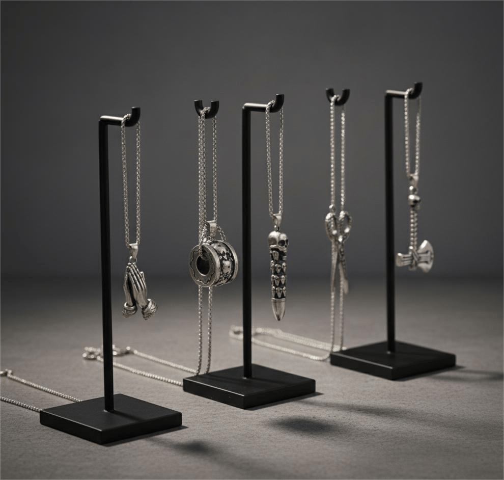 CURSED CHRONICLES High Contrast 5-Piece Men’s Pendant Set – BULLET OF DOOM, SCISSORS FLAME, CURVED AXE, MANTRA ROUND, & APPLAUD Necklaces on 24 Inch Stainless Steel Chain for Mens and Boys - THE MEN THING