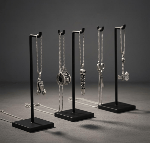 CURSED CHRONICLES High Contrast 5-Piece Men’s Pendant Set – BULLET OF DOOM, SCISSORS FLAME, CURVED AXE, MANTRA ROUND, & APPLAUD Necklaces on 24 Inch Stainless Steel Chain for Mens and Boys
