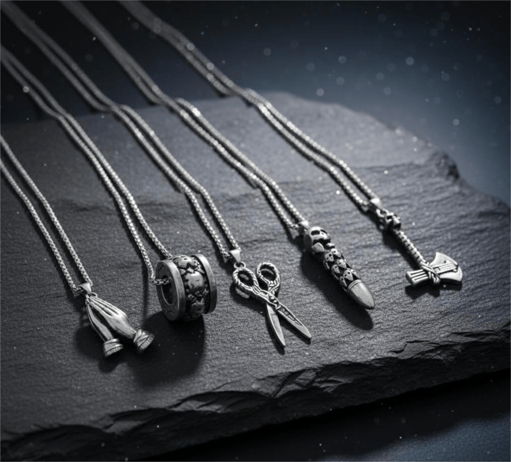 CURSED CHRONICLES High Contrast 5-Piece Men’s Pendant Set – BULLET OF DOOM, SCISSORS FLAME, CURVED AXE, MANTRA ROUND, & APPLAUD Necklaces on 24 Inch Stainless Steel Chain for Mens and Boys - THE MEN THING