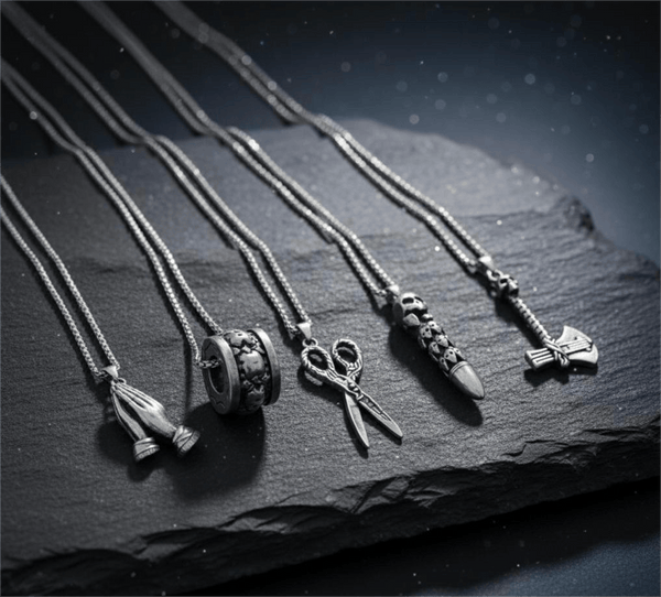 CURSED CHRONICLES High Contrast 5-Piece Men’s Pendant Set – BULLET OF DOOM, SCISSORS FLAME, CURVED AXE, MANTRA ROUND, & APPLAUD Necklaces on 24 Inch Stainless Steel Chain for Mens and Boys
