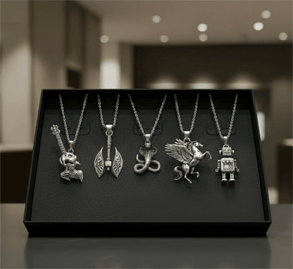 CYBER-MYTHOS High Contrast 5-Piece Men’s Pendant Set – PEGASUS, ROBOT, REALM AXE, THE COBRA, & ROCKER Necklaces on 24 Inch Stainless Steel Chain for Mens and Boys - THE MEN THING