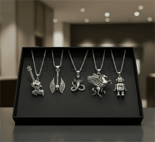 CYBER-MYTHOS High Contrast 5-Piece Men’s Pendant Set – PEGASUS, ROBOT, REALM AXE, THE COBRA, & ROCKER Necklaces on 24 Inch Stainless Steel Chain for Mens and Boys - THE MEN THING