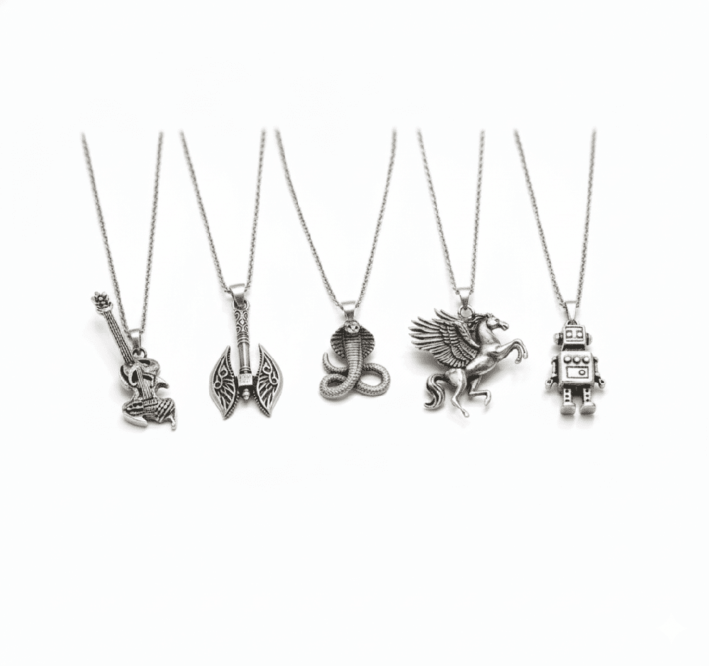CYBER-MYTHOS High Contrast 5-Piece Men’s Pendant Set – PEGASUS, ROBOT, REALM AXE, THE COBRA, & ROCKER Necklaces on 24 Inch Stainless Steel Chain for Mens and Boys - THE MEN THING