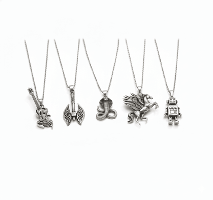 CYBER-MYTHOS High Contrast 5-Piece Men’s Pendant Set – PEGASUS, ROBOT, REALM AXE, THE COBRA, & ROCKER Necklaces on 24 Inch Stainless Steel Chain for Mens and Boys - THE MEN THING