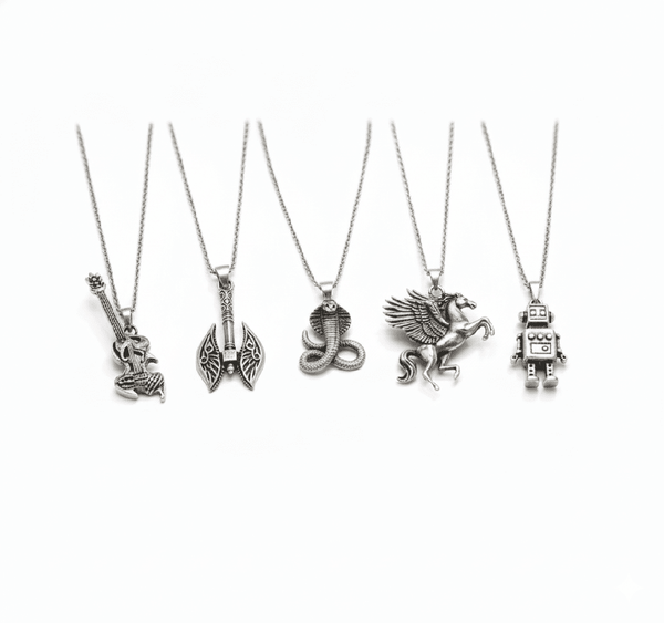 CYBER-MYTHOS High Contrast 5-Piece Men’s Pendant Set – PEGASUS, ROBOT, REALM AXE, THE COBRA, & ROCKER Necklaces on 24 Inch Stainless Steel Chain for Mens and Boys