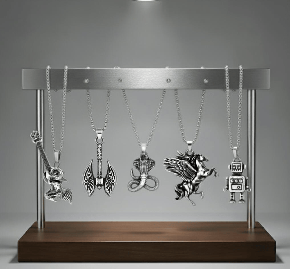 CYBER-MYTHOS High Contrast 5-Piece Men’s Pendant Set – PEGASUS, ROBOT, REALM AXE, THE COBRA, & ROCKER Necklaces on 24 Inch Stainless Steel Chain for Mens and Boys - THE MEN THING