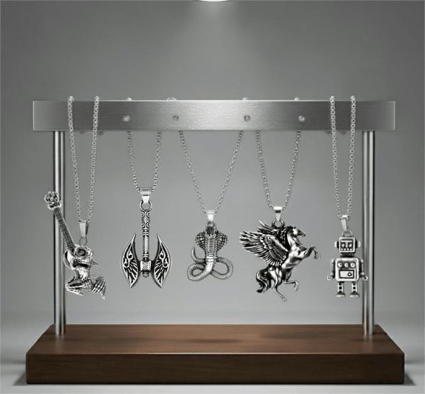 CYBER-MYTHOS High Contrast 5-Piece Men’s Pendant Set – PEGASUS, ROBOT, REALM AXE, THE COBRA, & ROCKER Necklaces on 24 Inch Stainless Steel Chain for Mens and Boys