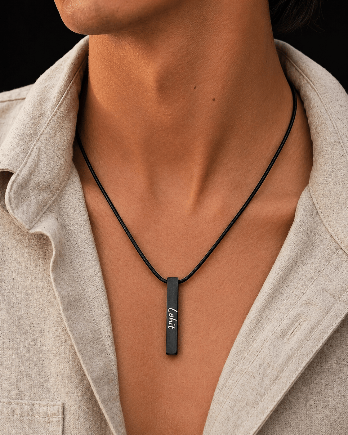 ENGRAVED - MIDNIGHT BAR - 33mm Titanium Steel Pendant with Round Snake 1mm Chain for Men & Boys (19inch)