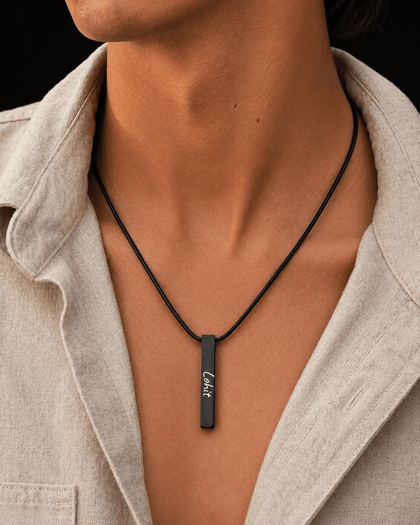 ENGRAVED - MIDNIGHT BAR - 33mm Titanium Steel Pendant with Round Snake 1mm Chain for Men & Boys (19inch)