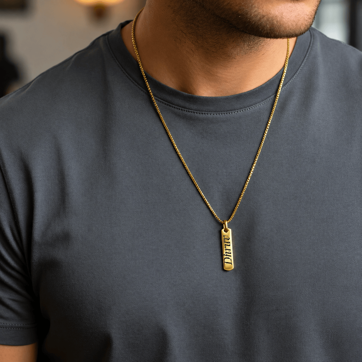 ENGRAVED - AURUM BAR - 11mm Titanium Steel Pendant with 24inch Round Box 4mm Chain for Men & Boys
