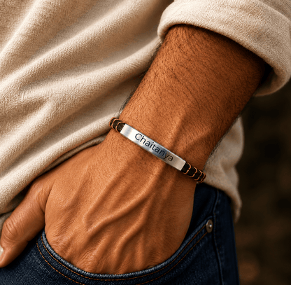 ENGRAVED - FORGE WRAP BROWN - 5mm Genuine Leather Bracelet with Double Fold-Over Clasp for Men & Boy (8 inch)