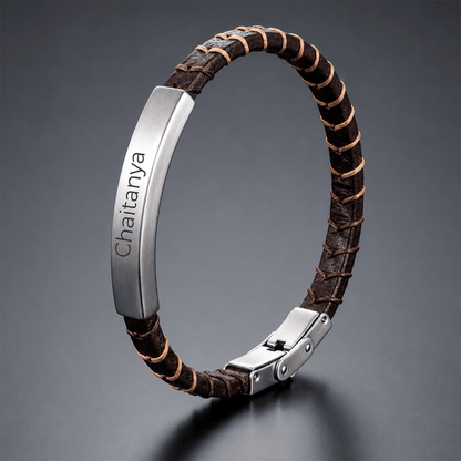 ENGRAVED - FORGE WRAP BROWN - 5mm Genuine Leather Bracelet with Double Fold-Over Clasp for Men & Boy (8 inch)
