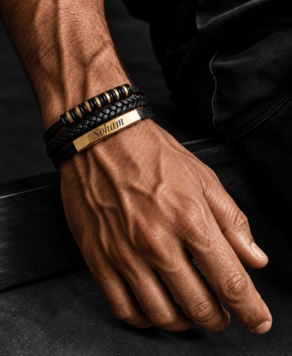 ENGRAVED - RAVEN RINGS BLACK - Black Leather Bracelet for Men & Boys (8 inch)