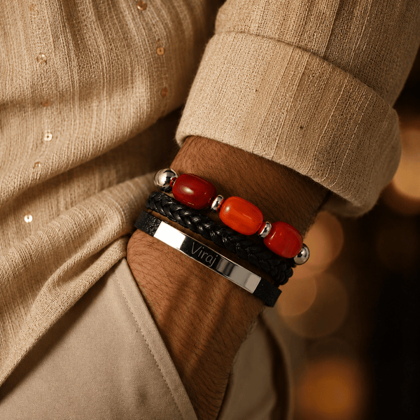 ENGRAVED - CRIMSON TRIO BLACK - 22mm Genuine Leather Multi-Layer Bracelet with Stainless Steel Magnetic Buckle for Men & Boys (8 inch)