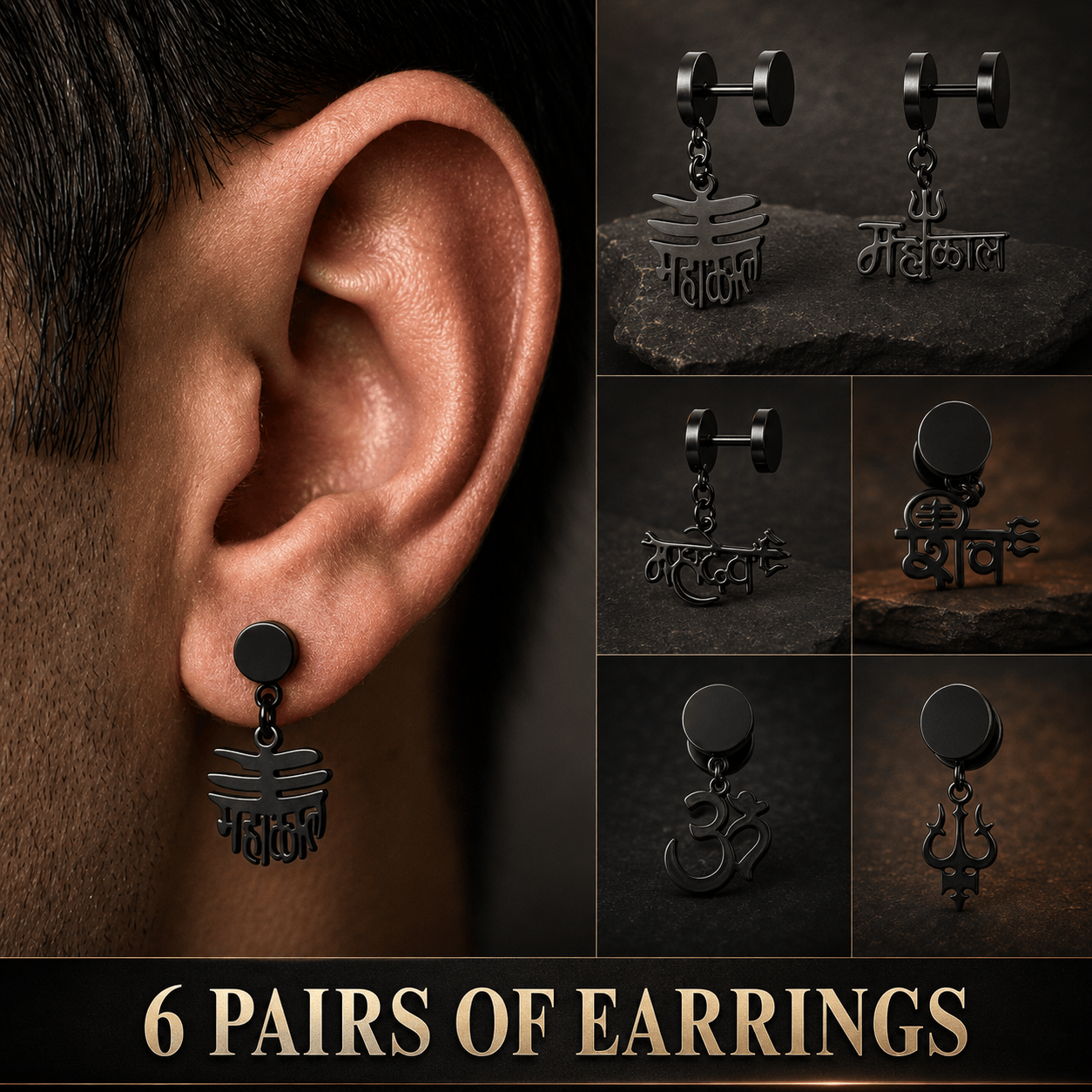 MAHADEV EARRINGS COLLECTION – Stainless Steel Earrings for Men & Boys (6 Pairs of Earrings)