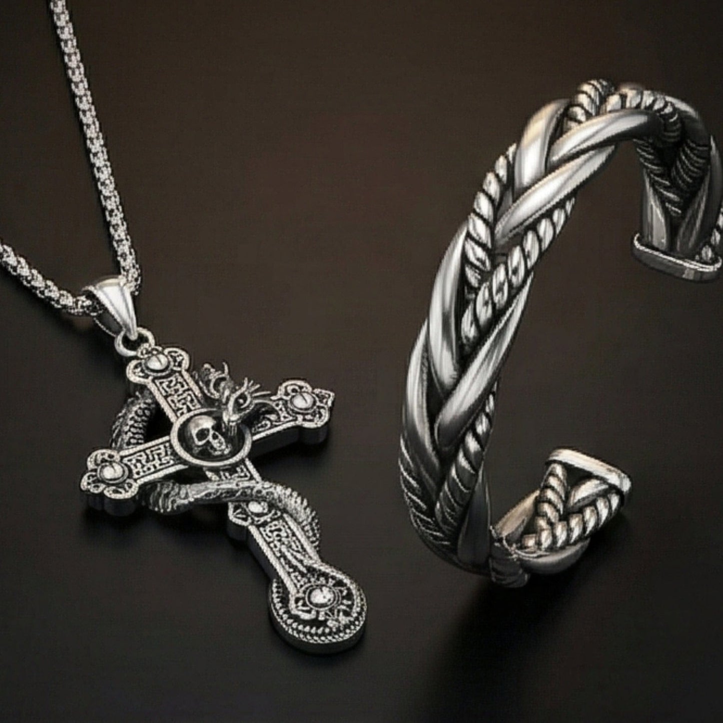Combo Cobra Cross Pendant × Twisted Texture Bangle Bracelet| Bold Style Set for Men - THE MEN THING