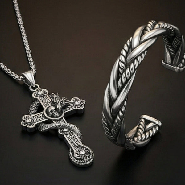 Combo Cobra Cross Pendant × Twisted Texture Bangle Bracelet| Bold Style Set for Men