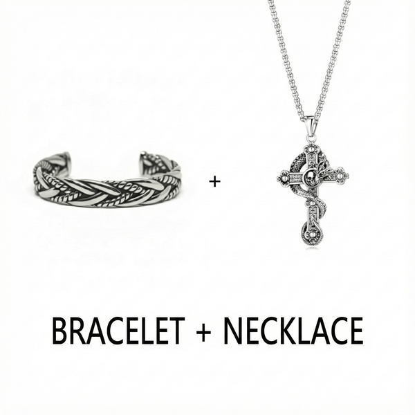 Combo Cobra Cross Pendant × Twisted Texture Bangle Bracelet| Bold Style Set for Men