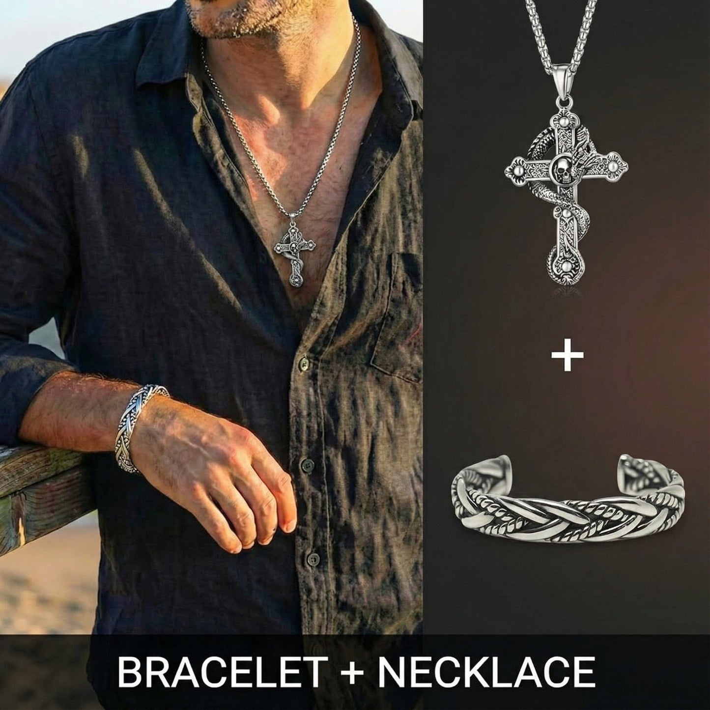 Combo Cobra Cross Pendant × Twisted Texture Bangle Bracelet| Bold Style Set for Men - THE MEN THING