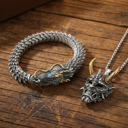 Combo – Golden Horn Titanium Pendant with 24″ Chain + Vintage Wyvern Copper Bracelet (9 inch) - THE MEN THING