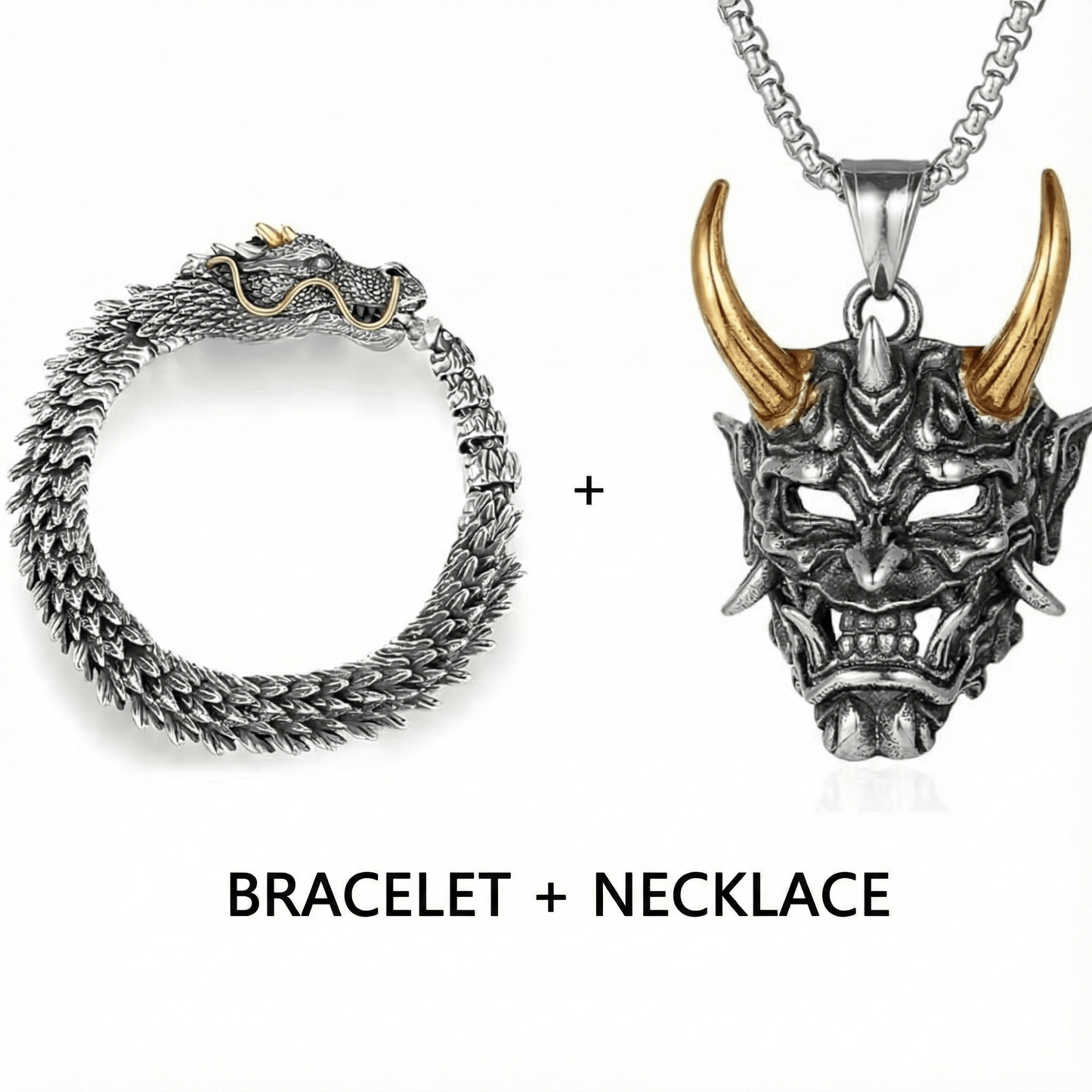 Combo – Golden Horn Titanium Pendant with 24″ Chain + Vintage Wyvern Copper Bracelet (9 inch) - THE MEN THING