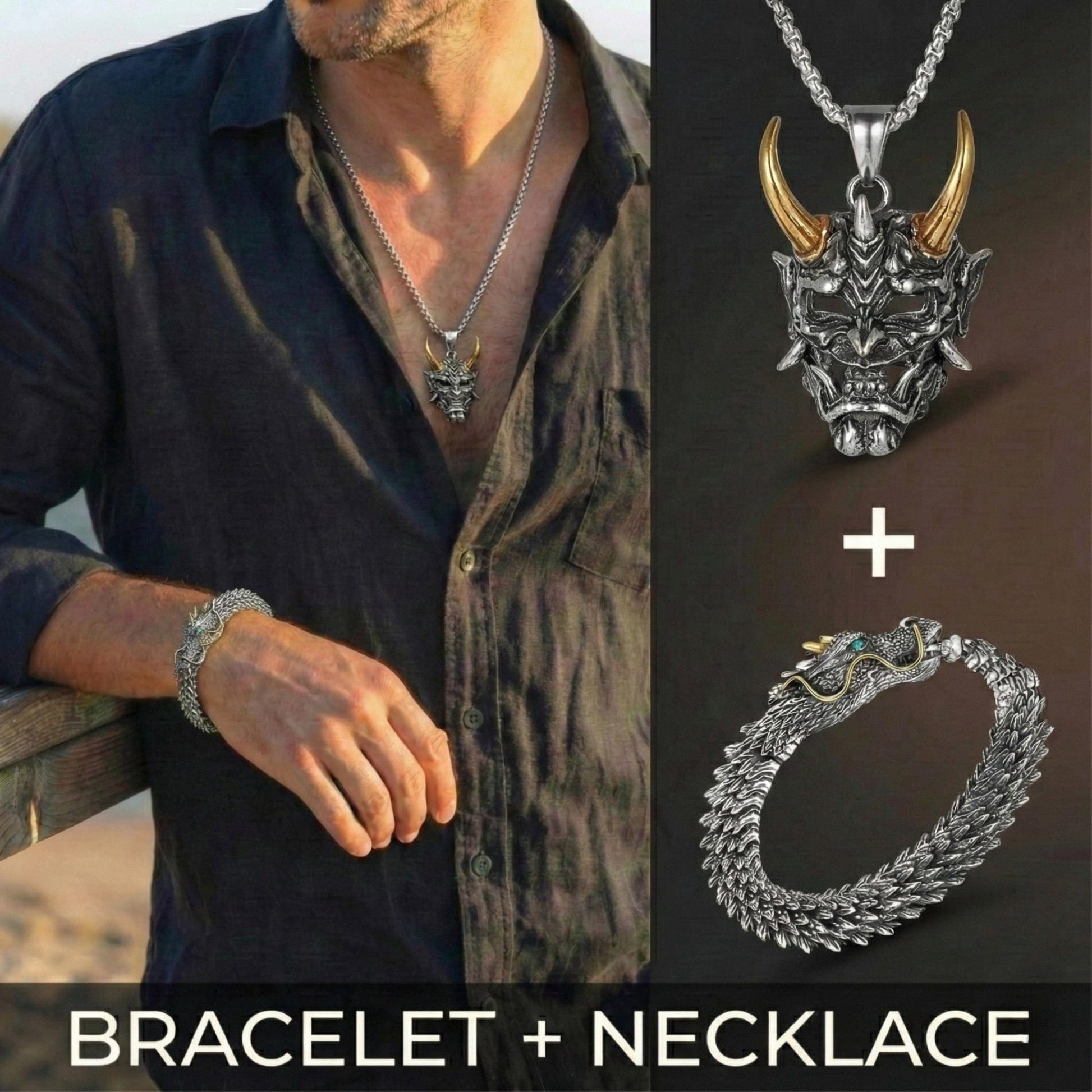 Combo – Golden Horn Titanium Pendant with 24″ Chain + Vintage Wyvern Copper Bracelet (9 inch) - THE MEN THING