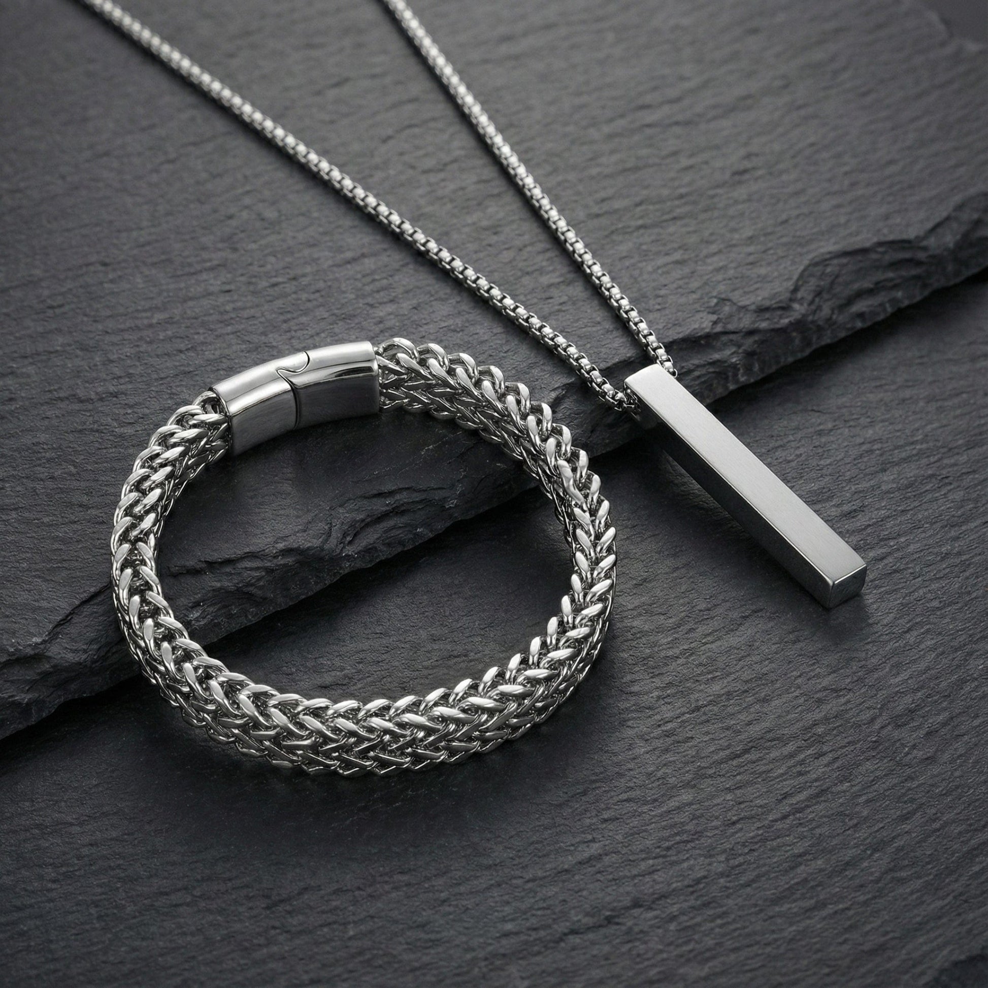 Combo – Titanium Mesh Link Bracelet (11.5mm) + Ultra-Polished Cuboid Bar Pendant with 24″ Chain - THE MEN THING