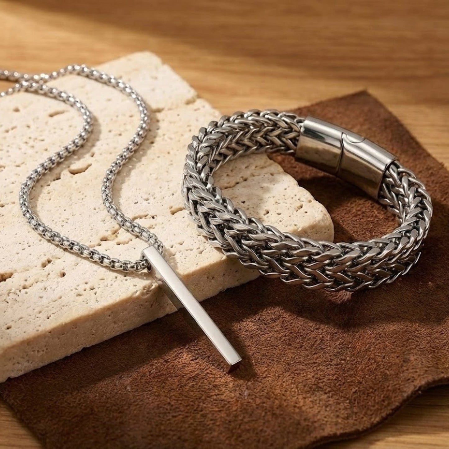Combo – Titanium Mesh Link Bracelet (11.5mm) + Ultra-Polished Cuboid Bar Pendant with 24″ Chain - THE MEN THING
