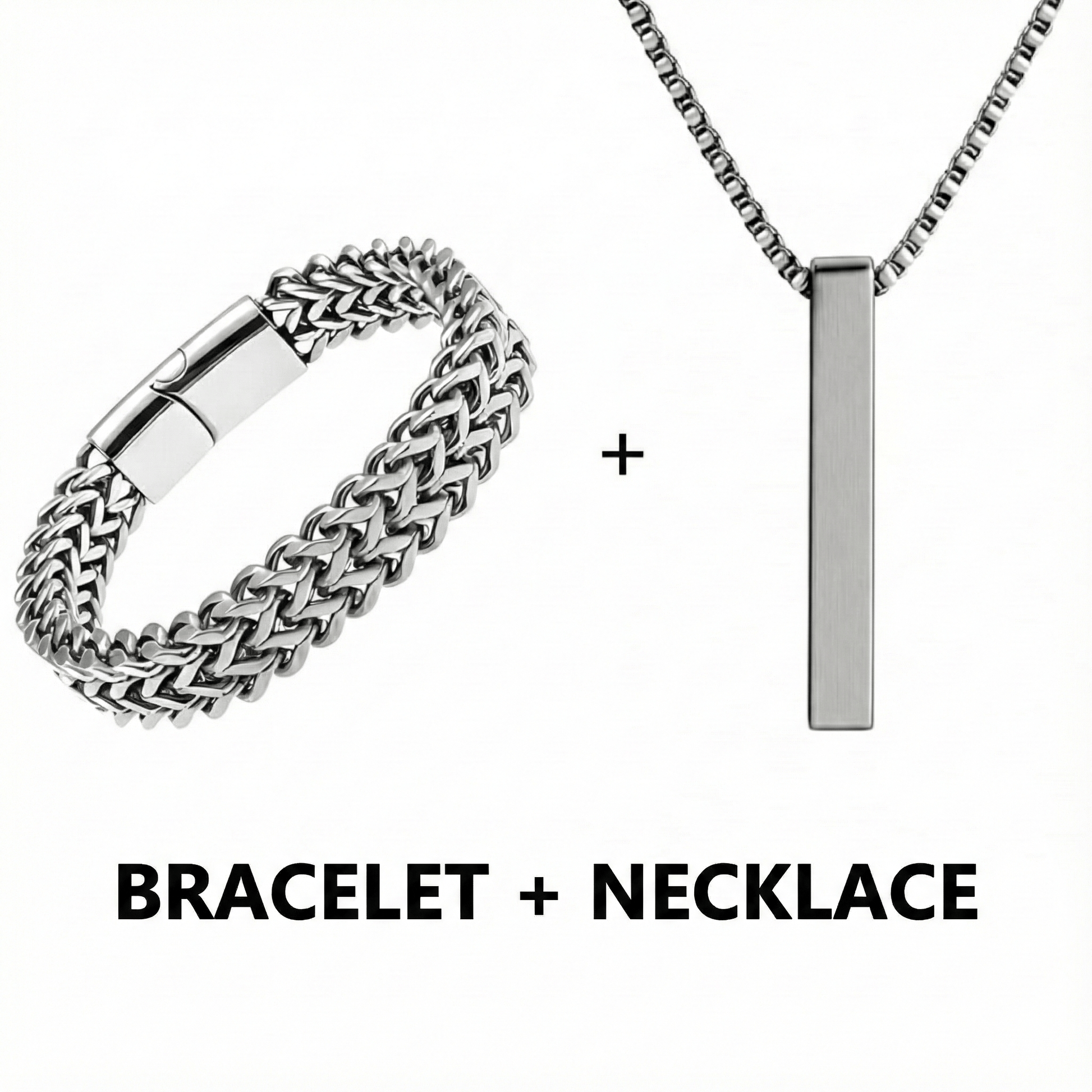 Combo – Titanium Mesh Link Bracelet (11.5mm) + Ultra-Polished Cuboid Bar Pendant with 24″ Chain - THE MEN THING