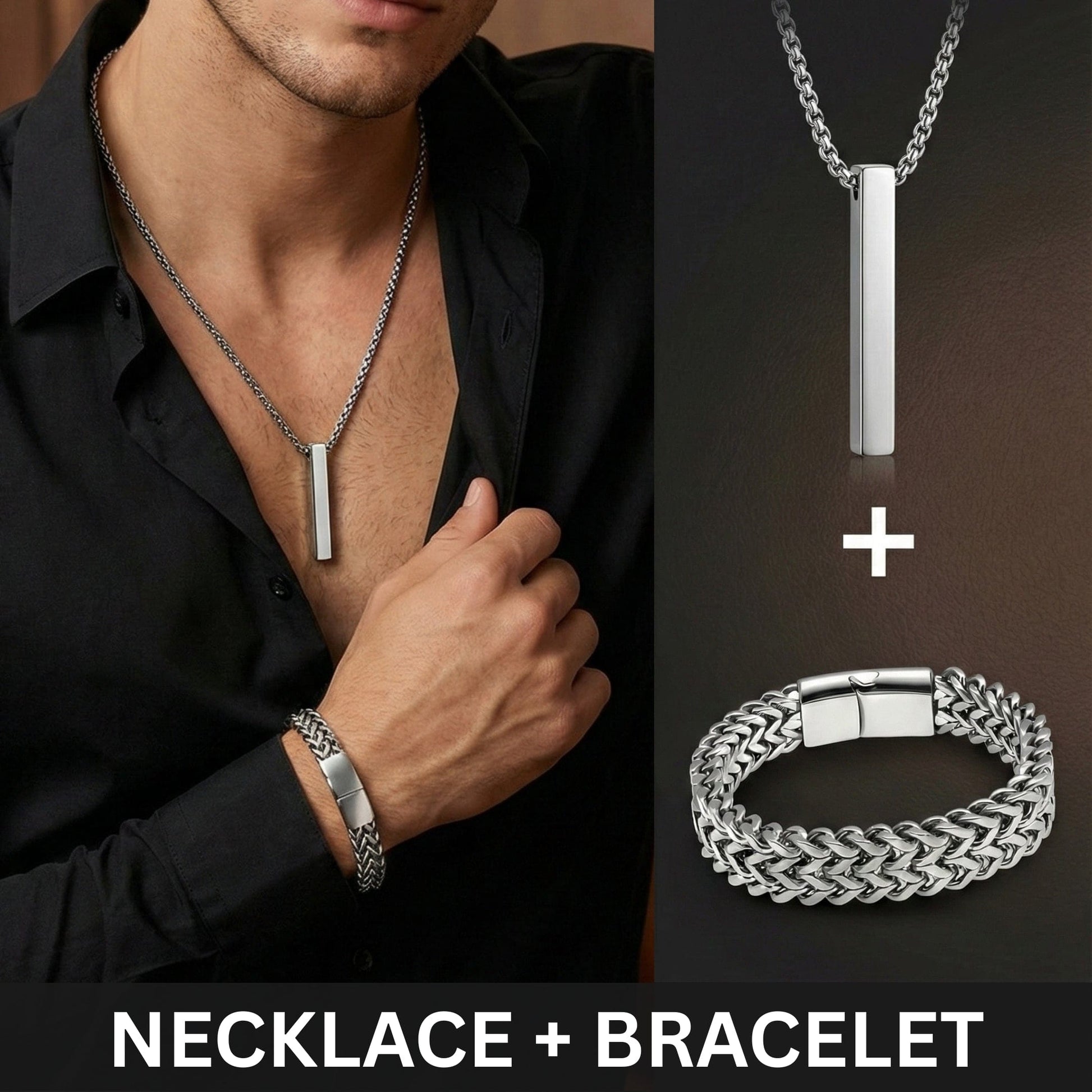 Combo – Titanium Mesh Link Bracelet (11.5mm) + Ultra-Polished Cuboid Bar Pendant with 24″ Chain - THE MEN THING