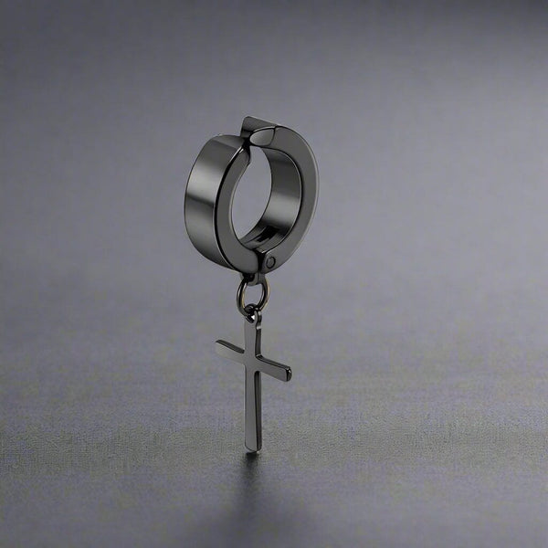 DANGLING CROSS BLACK - Non-Piercing Pure Titanium Steel Earring for Men & Boys (2 Pcs)