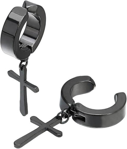 DANGLING CROSS BLACK - Non-Piercing Pure Titanium Steel Earring for Men & Boys (2 Pcs) - THE MEN THING