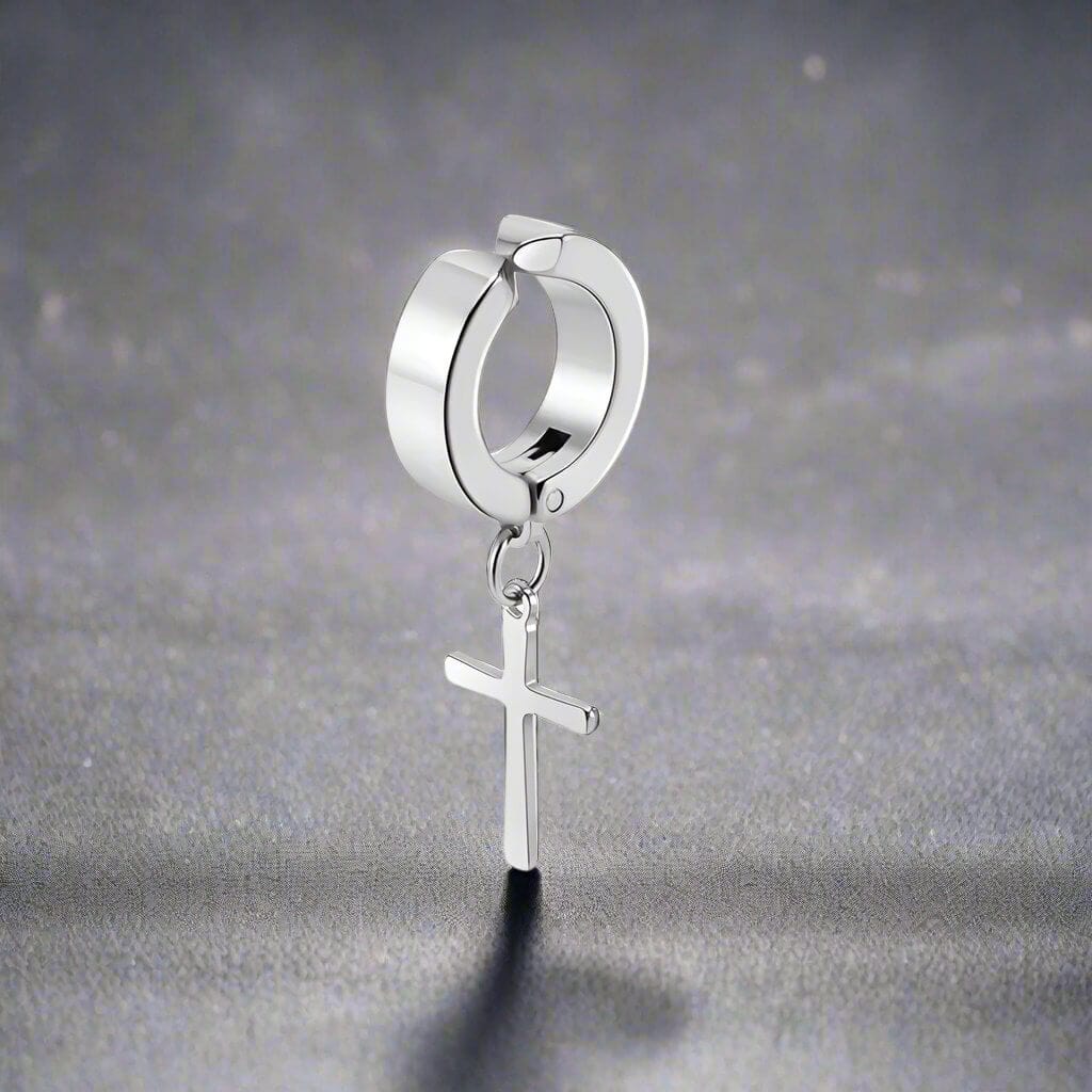 DANGLING CROSS SILVER - Non-Piercing Pure Titanium Steel Earring for Men & Boys (2 Pcs) - THE MEN THING