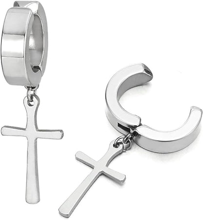 DANGLING CROSS SILVER - Non-Piercing Pure Titanium Steel Earring for Men & Boys (2 Pcs) - THE MEN THING