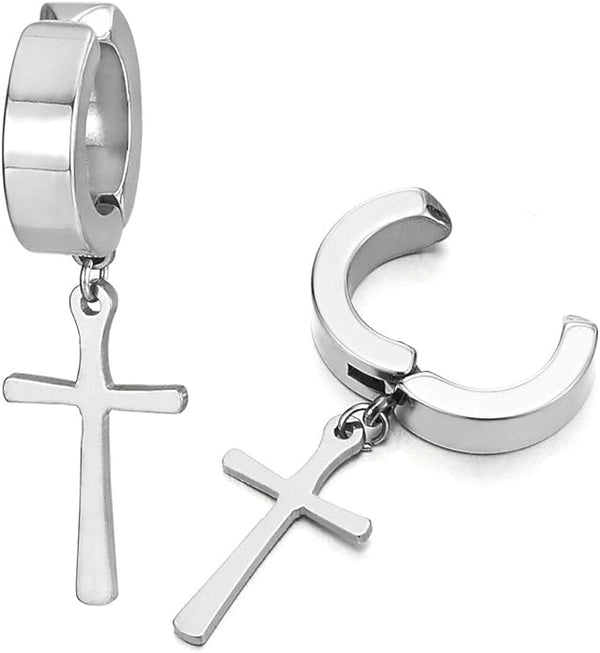 DANGLING CROSS SILVER - Non-Piercing Pure Titanium Steel Earring for Men & Boys (2 Pcs)