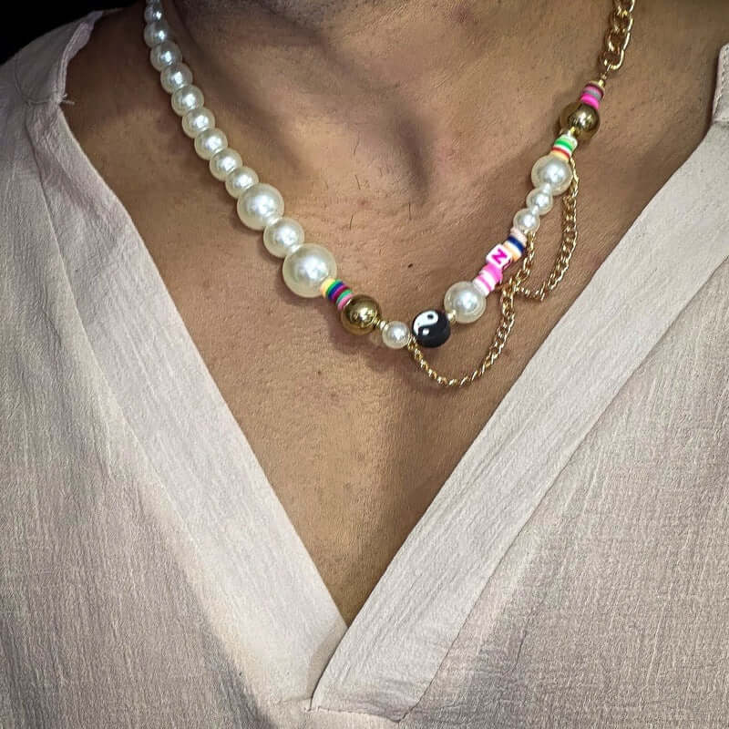DARE TO WEAR PEARL -  Pearl Necklace for Men - Half Pearl Half Gold Toned Chain Necklace for Mens & Boys (21 inch with adjustable cable chain) - THE MEN THING