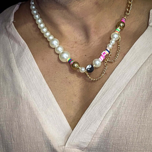DARE TO WEAR PEARL -  Pearl Necklace for Men - Half Pearl Half Gold Toned Chain Necklace for Mens & Boys (21 inch with adjustable cable chain) - THE MEN THING