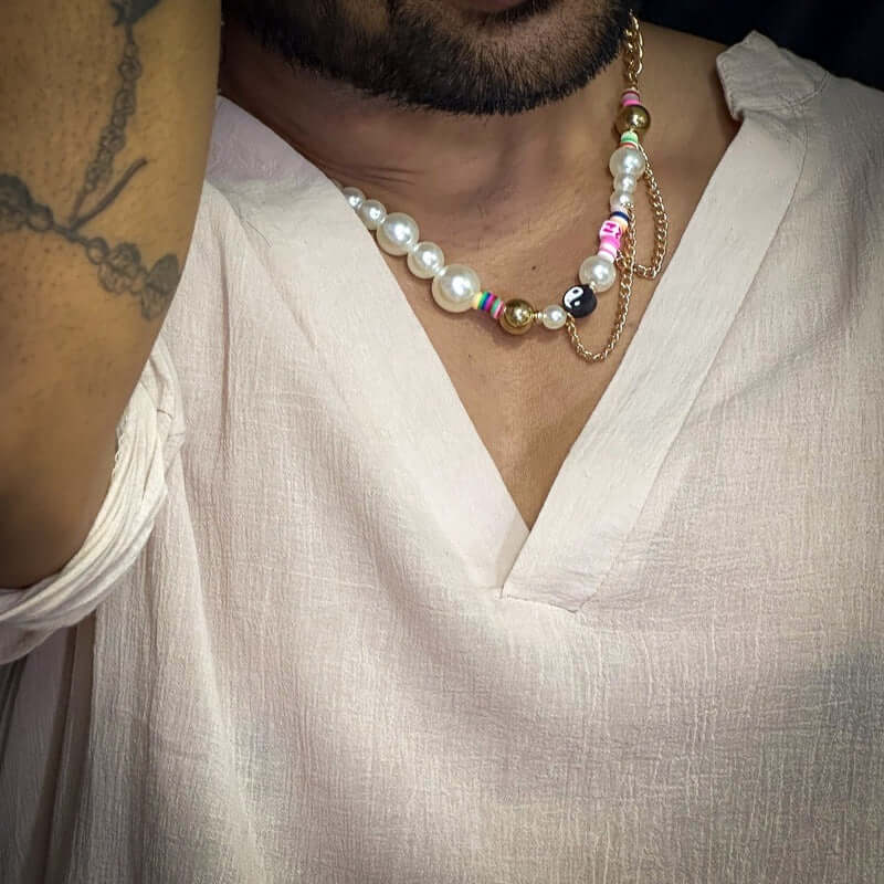 DARE TO WEAR PEARL -  Pearl Necklace for Men - Half Pearl Half Gold Toned Chain Necklace for Mens & Boys (21 inch with adjustable cable chain) - THE MEN THING