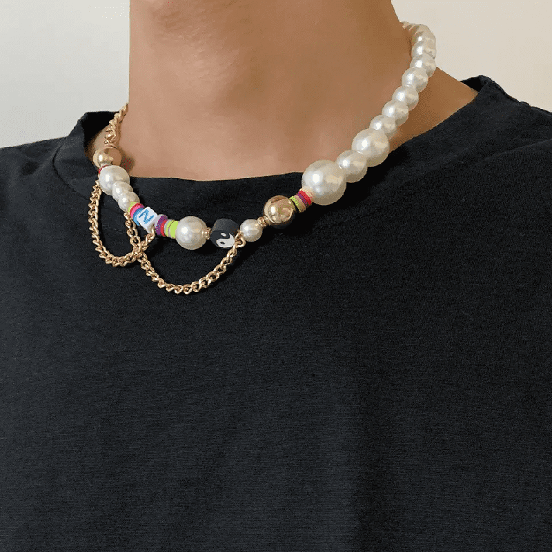 DARE TO WEAR PEARL -  Pearl Necklace for Men - Half Pearl Half Gold Toned Chain Necklace for Mens & Boys (21 inch with adjustable cable chain) - THE MEN THING